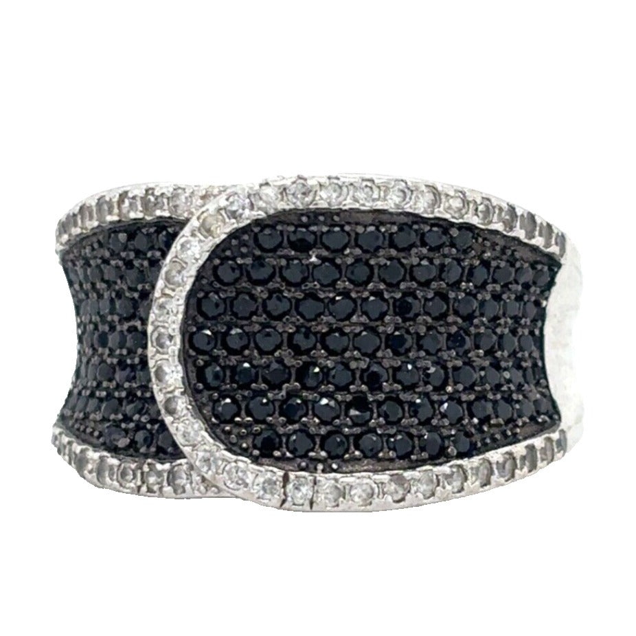 .925 Sterling Silver Black and White Quartz Size 9.75 Ring 6.3g