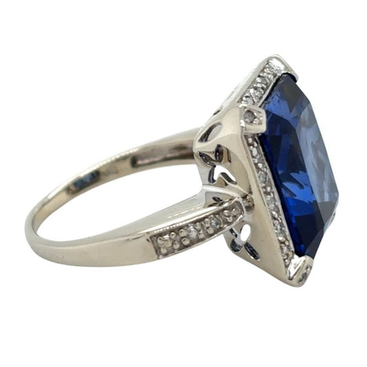 Vintage 10k White Gold (Blue Solitaire) & Diamond Size 5.25 Ring 4.5g