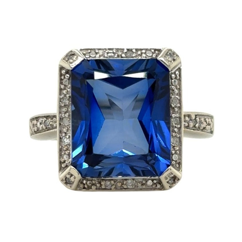 Vintage 10k White Gold (Blue Solitaire) & Diamond Size 5.25 Ring 4.5g