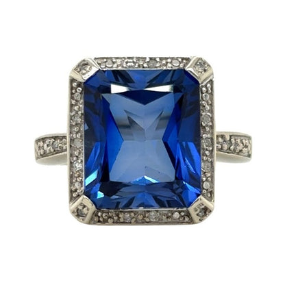 Vintage 10k White Gold (Blue Solitaire) & Diamond Size 5.25 Ring 4.5g