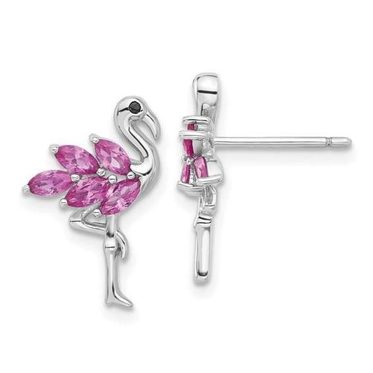 Sterling Silver Rhodium plated Pink Crystal Flamingo Post Earrings