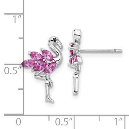 Sterling Silver Rhodium plated Pink Crystal Flamingo Post Earrings