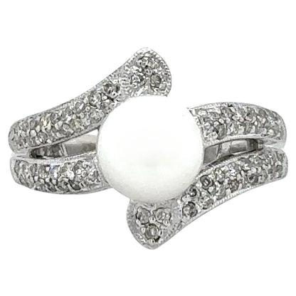 8mm Pearl & 1/3ctw Diamond 14k White Gold Ring 6.4g Size 6.25