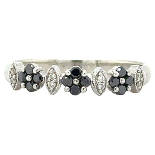 1/4ctw Black and White Diamond 14k White Gold Floral Ring 2.4g Size 9.5