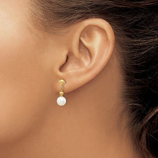 14K Yellow Gold 7-8mm White Freshwater Pearl Dangle Earrings