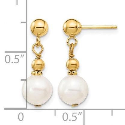 14K Yellow Gold 7-8mm White Freshwater Pearl Dangle Earrings