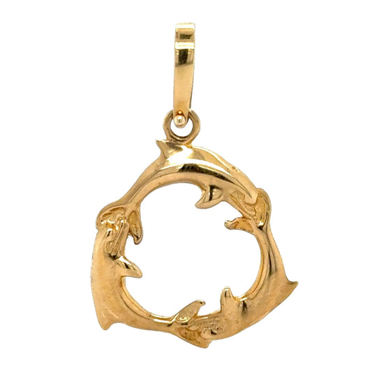 14k Yellow Gold Dolphin Circle Pendant 3.7g