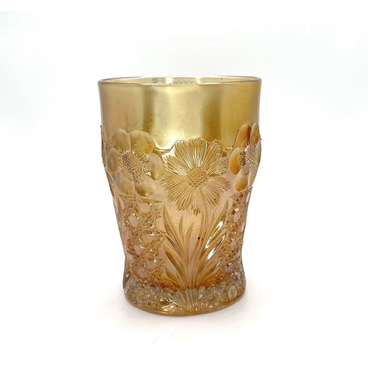 Vintage Carnival Glass Iridescent Tumbler Marigold Orange With Floral Embossed Design