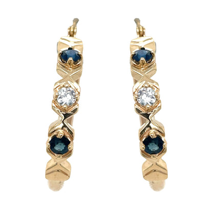 10k Yellow Gold Blue & White Sapphire Dangle Hoop Earrings 4.4g