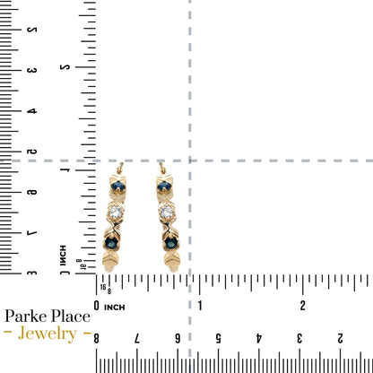 10k Yellow Gold Blue & White Sapphire Dangle Hoop Earrings 4.4g