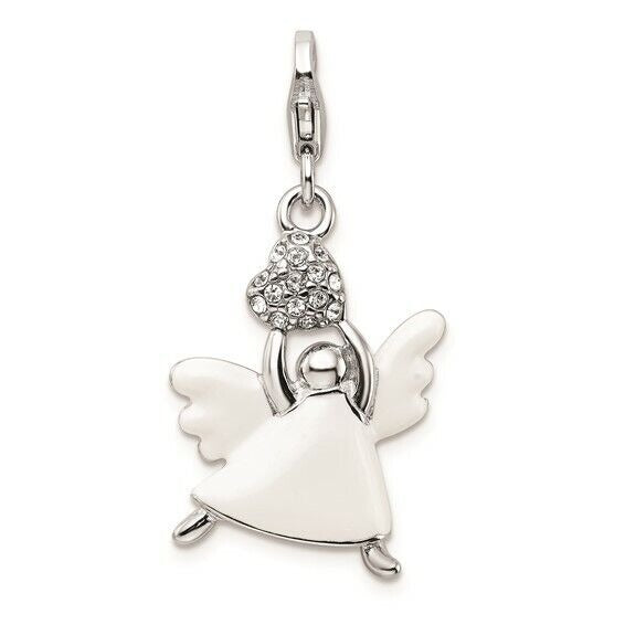 Amore La Vita Sterling Silver Rhodium-Plated White Enameled Crystal 3D Angel Charm With Fancy Lobster Clasp