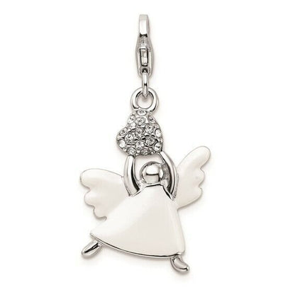 Amore La Vita Sterling Silver Rhodium-Plated White Enameled Crystal 3D Angel Charm With Fancy Lobster Clasp