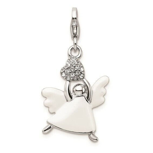 Amore La Vita Sterling Silver Rhodium-Plated White Enameled Crystal 3D Angel Charm With Fancy Lobster Clasp