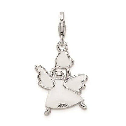 Amore La Vita Sterling Silver Rhodium-Plated White Enameled Crystal 3D Angel Charm With Fancy Lobster Clasp