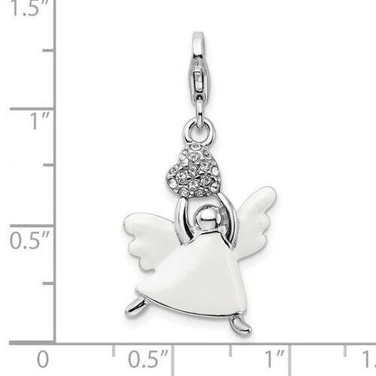 Amore La Vita Sterling Silver Rhodium-Plated White Enameled Crystal 3D Angel Charm With Fancy Lobster Clasp
