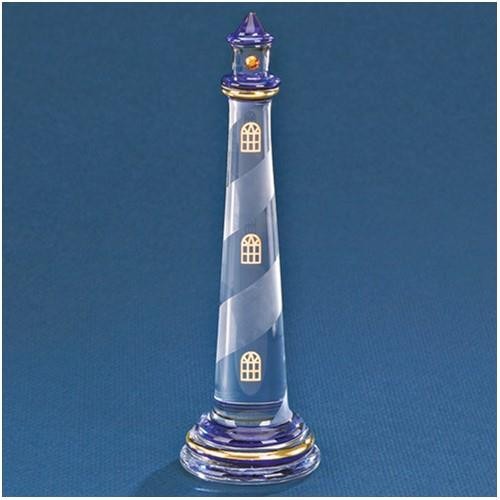 Glass Baron Blue Lighthouse Figurine 22k Gold Trim