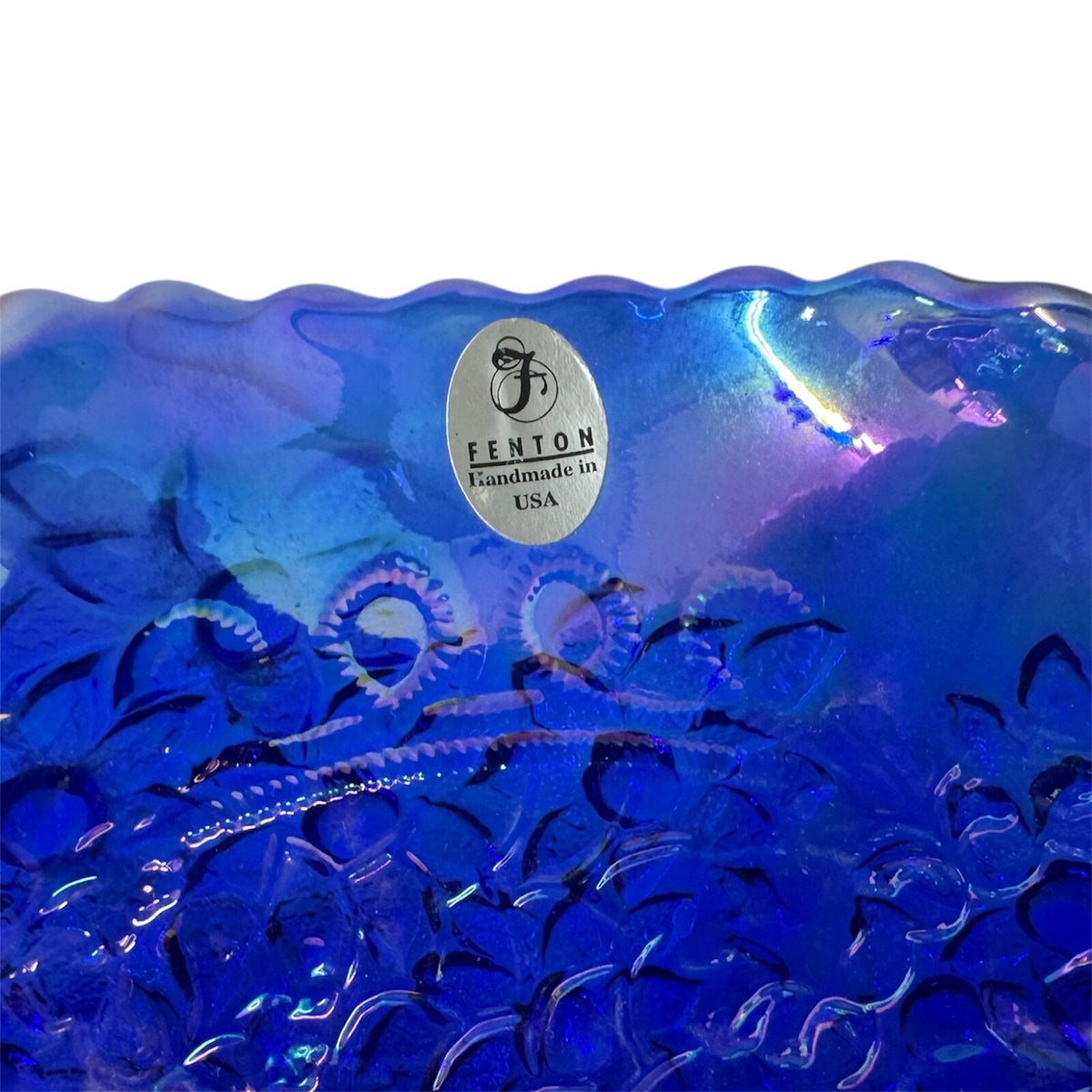 Fenton Glass Blue Iridescent Ruffled Edge Bowl Cherry Design 10"
