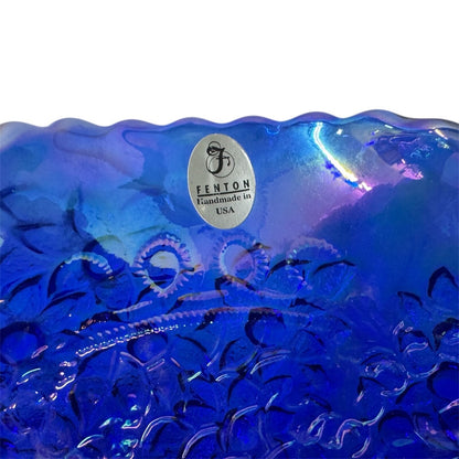 Fenton Glass Blue Iridescent Ruffled Edge Bowl Cherry Design 10"