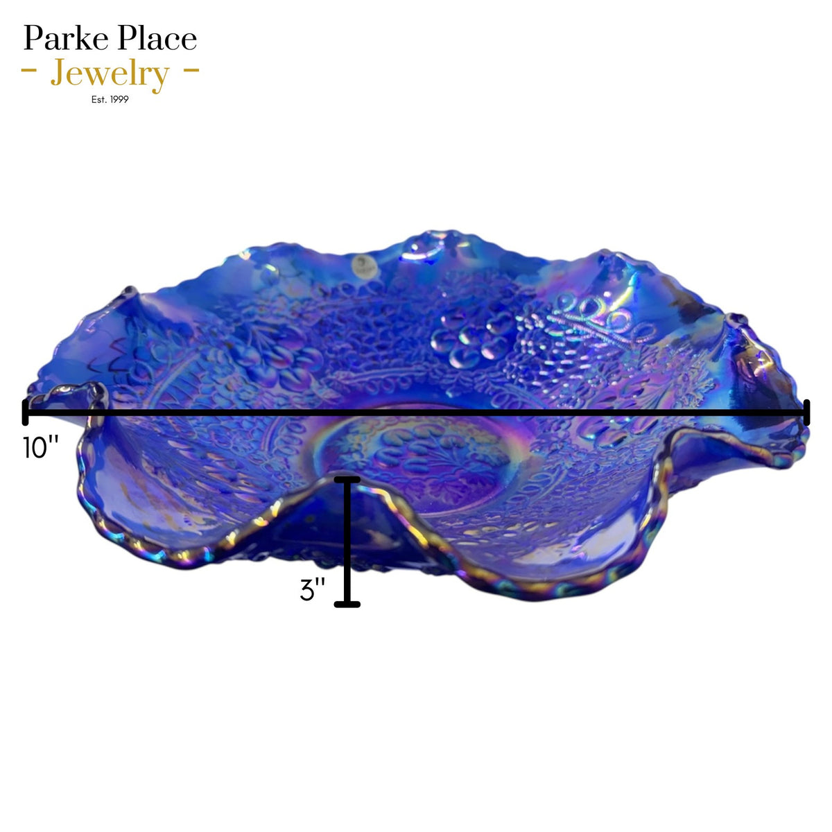 Fenton Glass Blue Iridescent Ruffled Edge Bowl Cherry Design 10"