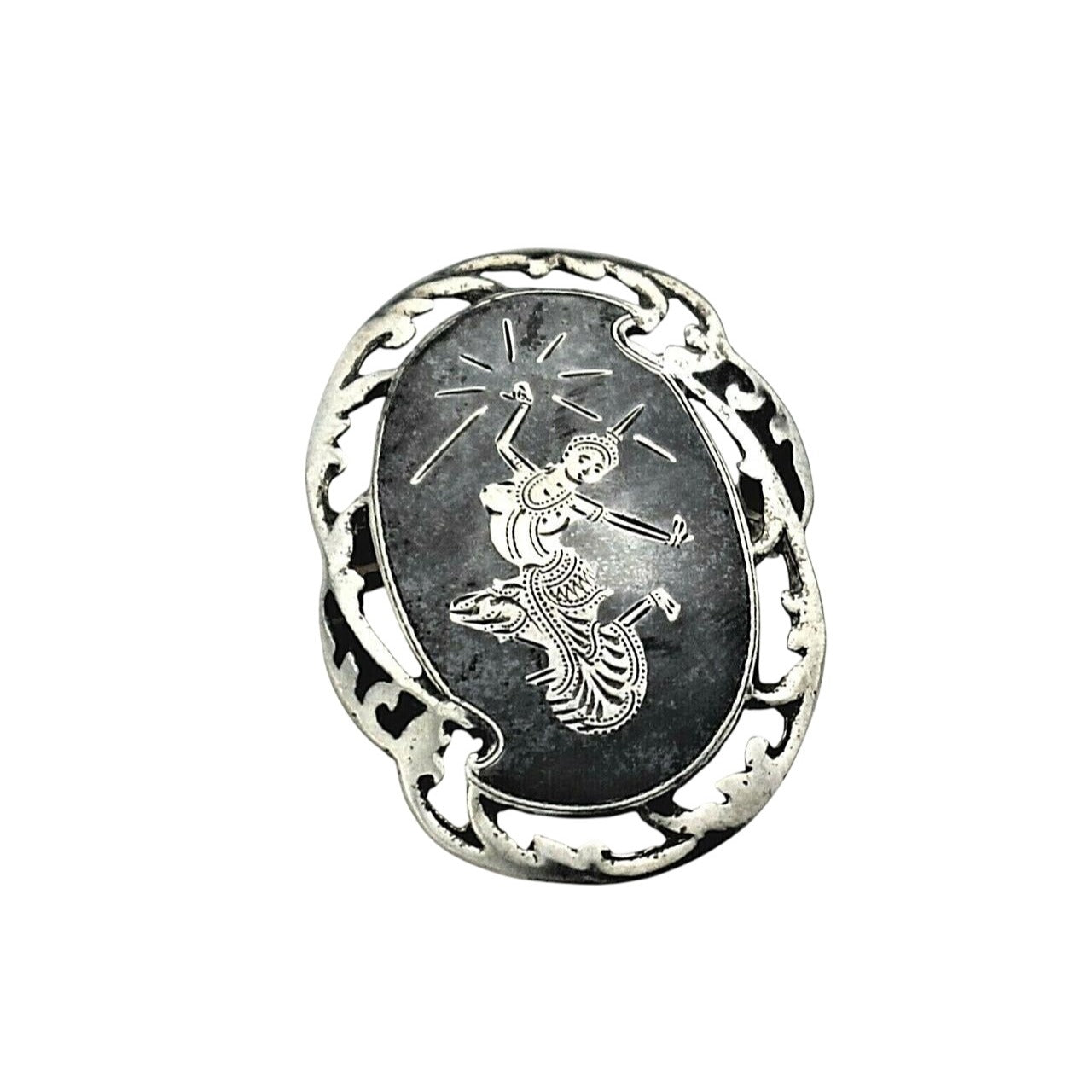 Vintage Siam Sterling Silver Enamel Brooch With Dancing Goddess Motif