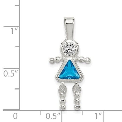 Sterling Silver Rhodium CZ and Birthstone Blue December Glass Girl Pendant