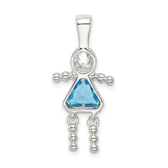 Sterling Silver Rhodium CZ and Birthstone Blue December Glass Girl Pendant