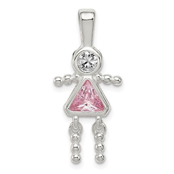 Sterling Silver Rhodium-plated CZ and Birthstone Pink October Glass Girl Pendant