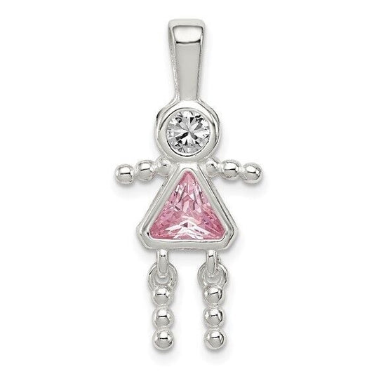 Sterling Silver Rhodium-plated CZ and Birthstone Pink October Glass Girl Pendant