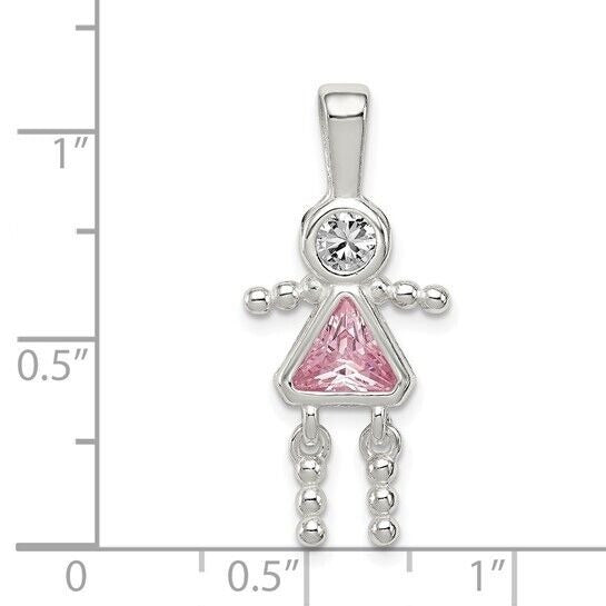 Sterling Silver Rhodium-plated CZ and Birthstone Pink October Glass Girl Pendant