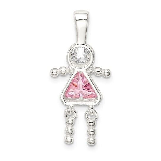 Sterling Silver Rhodium-plated CZ and Birthstone Pink October Glass Girl Pendant