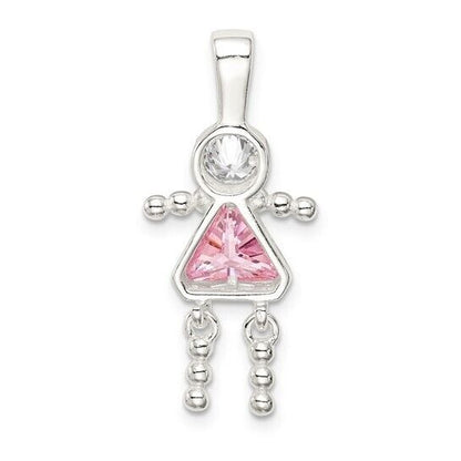 Sterling Silver Rhodium-plated CZ and Birthstone Pink October Glass Girl Pendant