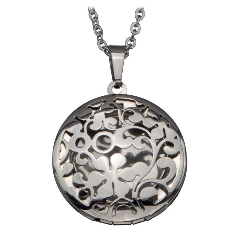 Womens INOX Stainless Steel Round Locket Pendant W/ Cut Out Flower Design & 16" Chain