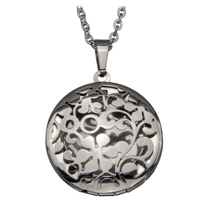 Womens INOX Stainless Steel Round Locket Pendant W/ Cut Out Flower Design & 16" Chain
