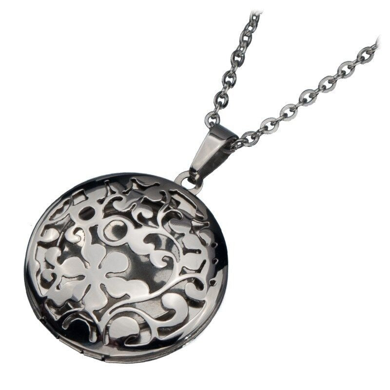 Womens INOX Stainless Steel Round Locket Pendant W/ Cut Out Flower Design & 16" Chain