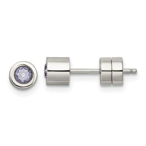 Chisel Pink CZ June Birthstone Post Earrings Stainless Steel Polished