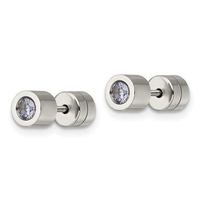 Chisel Pink CZ June Birthstone Post Earrings Stainless Steel Polished