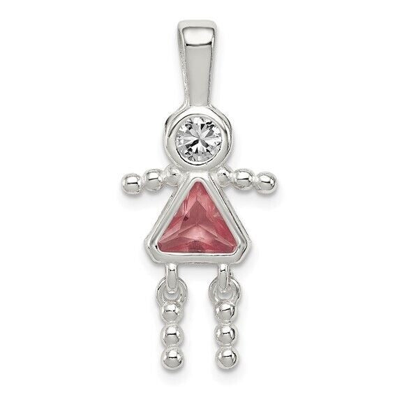 Sterling Silver Rhodium-plated CZ and Birthstone Pink June Glass Girl Pendant