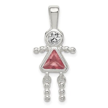 Sterling Silver Rhodium-plated CZ and Birthstone Pink June Glass Girl Pendant