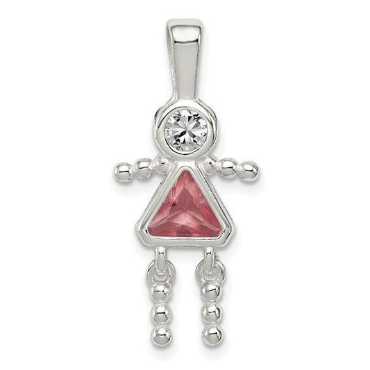 Sterling Silver Rhodium-plated CZ and Birthstone Pink June Glass Girl Pendant