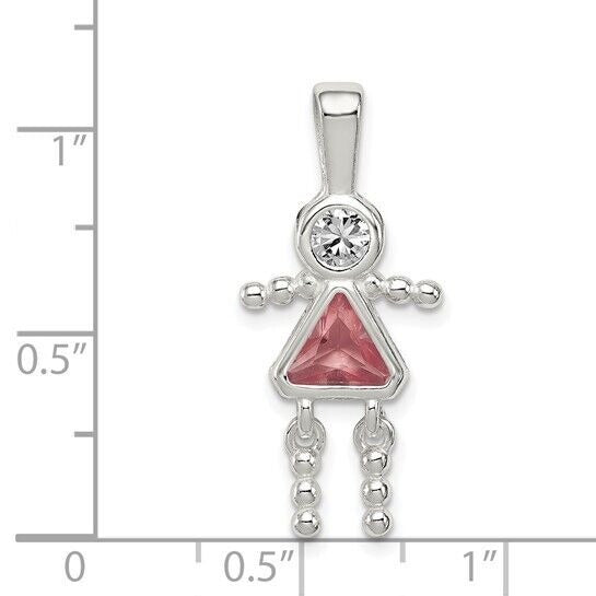 Sterling Silver Rhodium-plated CZ and Birthstone Pink June Glass Girl Pendant