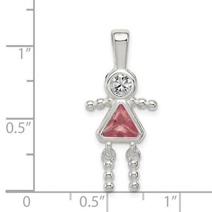 Sterling Silver Rhodium-plated CZ and Birthstone Pink June Glass Girl Pendant