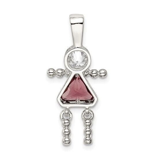Sterling Silver Rhodium-plated CZ and Birthstone Pink June Glass Girl Pendant
