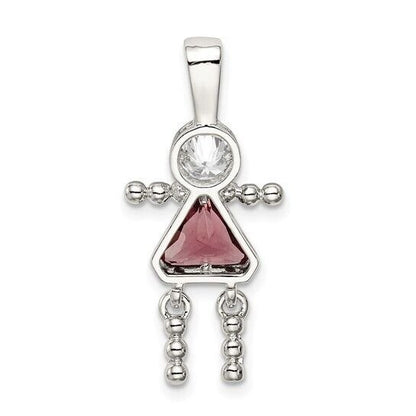 Sterling Silver Rhodium-plated CZ and Birthstone Pink June Glass Girl Pendant