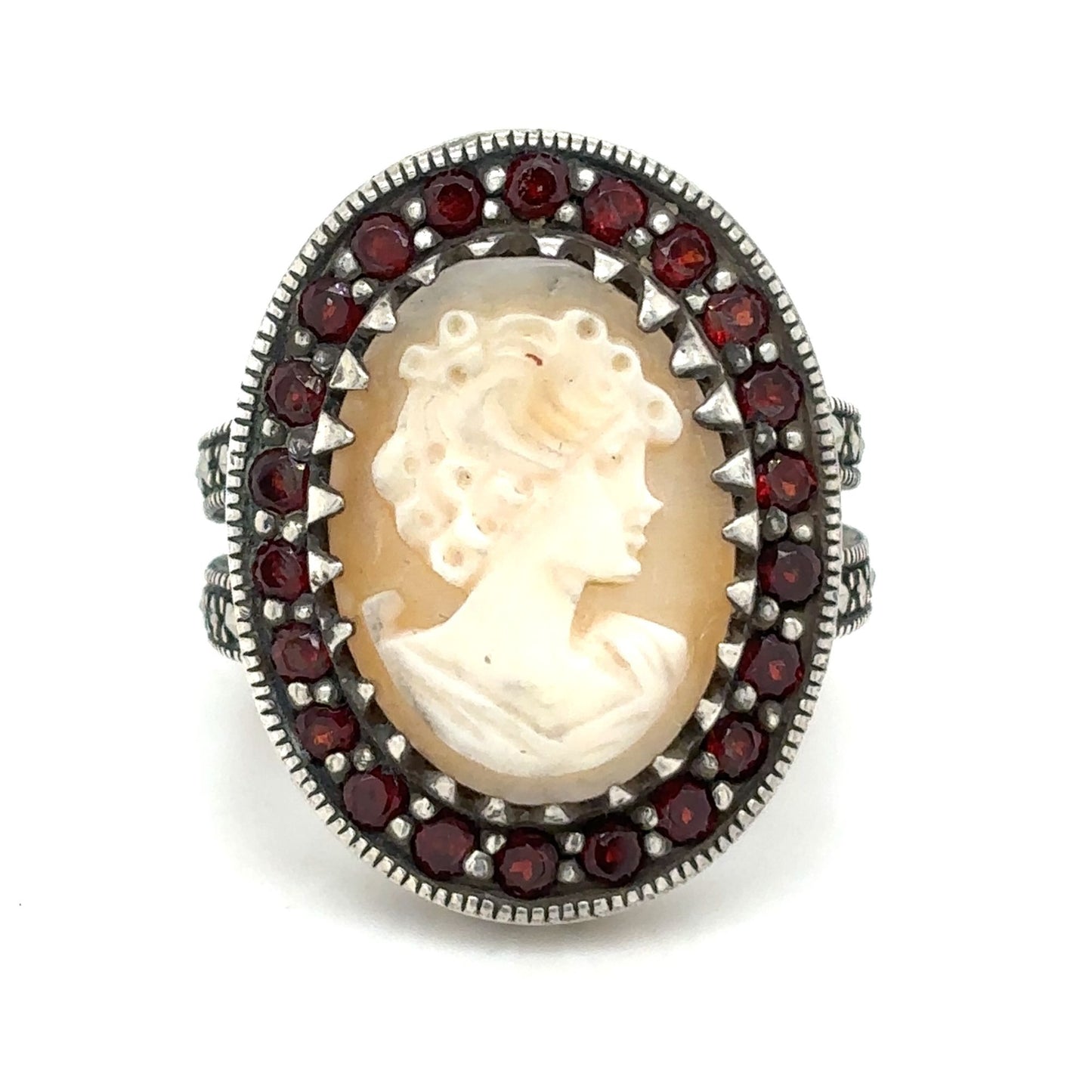 Cameo Solitaire & Garnet Sterling Silver Ring 9.4g Size 6