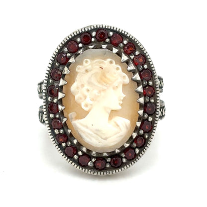 Cameo Solitaire & Garnet Sterling Silver Ring 9.4g Size 6