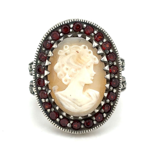 Cameo Solitaire & Garnet Sterling Silver Ring 9.4g Size 6