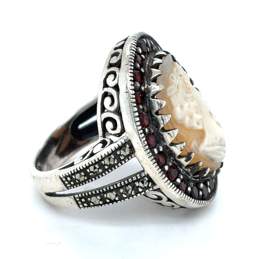 Cameo Solitaire & Garnet Sterling Silver Ring 9.4g Size 6