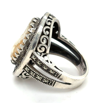 Cameo Solitaire & Garnet Sterling Silver Ring 9.4g Size 6