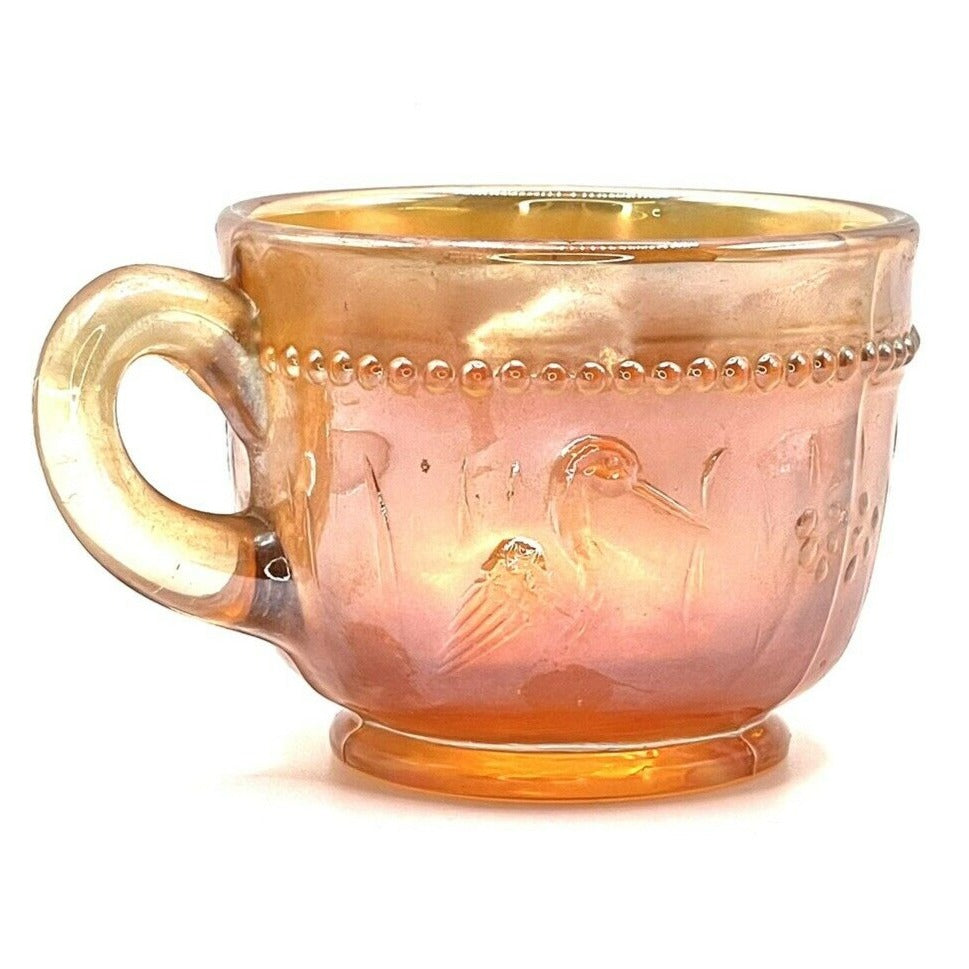 Vintage Carnival Glass Cup Iridescent Marigold Crane Bird Pattern