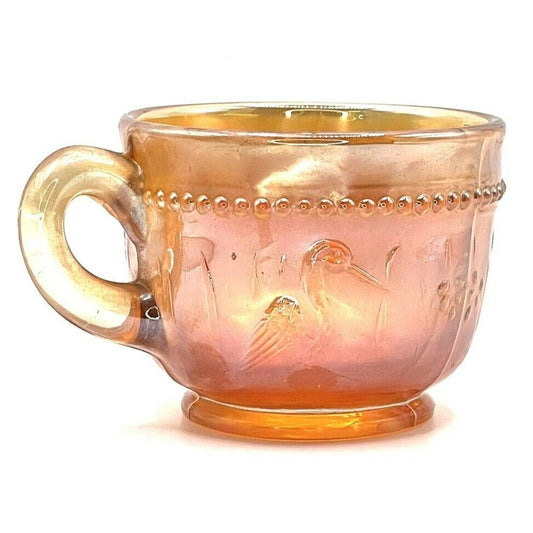 Vintage Carnival Glass Cup Iridescent Marigold Crane Bird Pattern